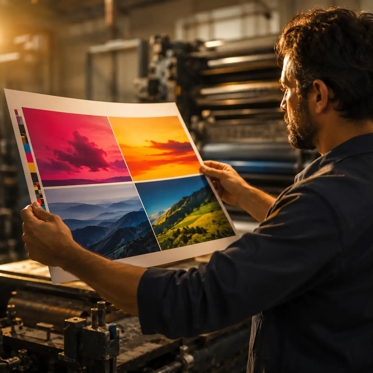 Print shop craftsman inspecting a printed sheet